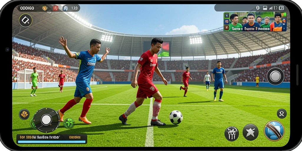 Tangkapan layar gameplay ODDIGO yang menampilkan aksi sepak bola yang seru.