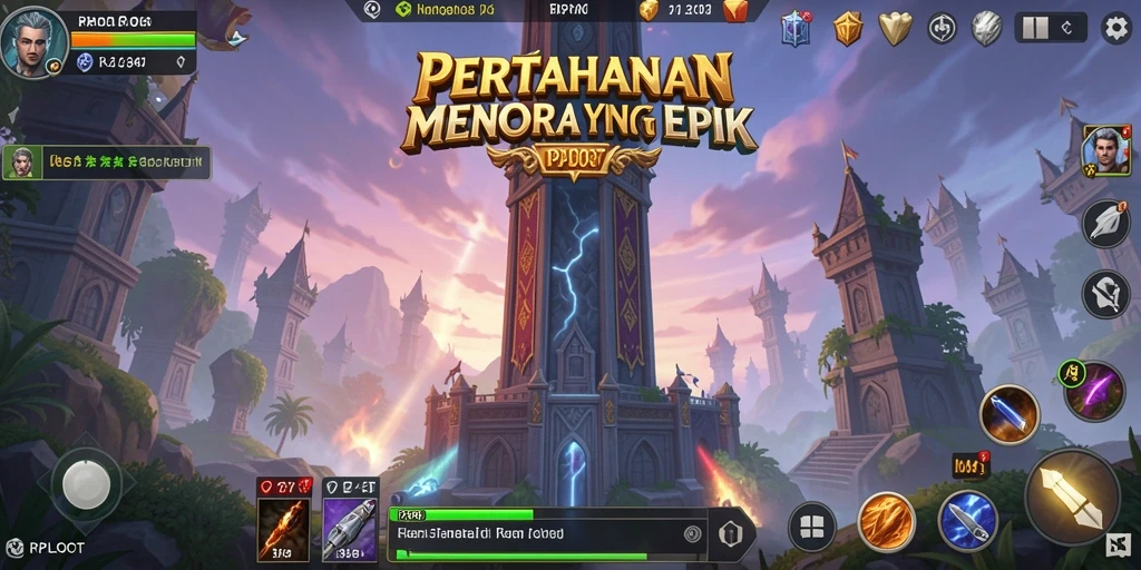 Screenshot gameplay Tower Defense RPLOOT dengan menara yang aktif dan musuh menyerang.