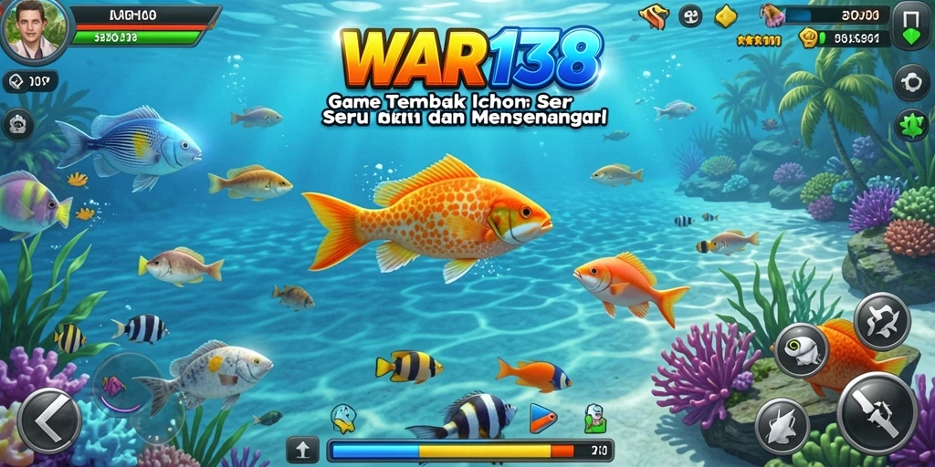 Screenshot menunjukkan gameplay seru Tembak Ikan WAR138 dengan ikan beragam.